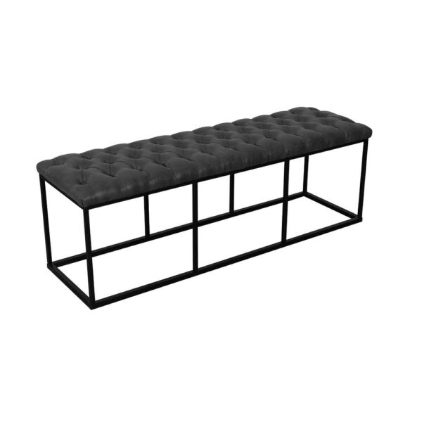 Ali Ottoman Bench, Open Metal Frame, Gray Tufted Faux Leather 52 Inch