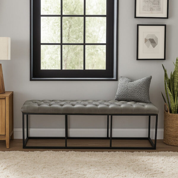 Ali Ottoman Bench, Open Metal Frame, Gray Tufted Faux Leather 52 Inch