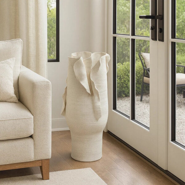 Tio Modern Vase Vessel, Flowing Petal Folds, White Porcelain 19 Inch