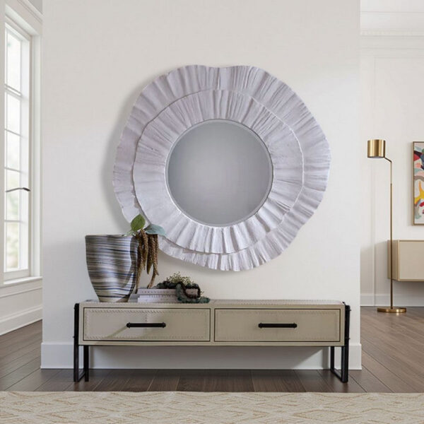 Nolo Wall Decor Mirror, Abstract Round Petal Shape, White Resin 40x43