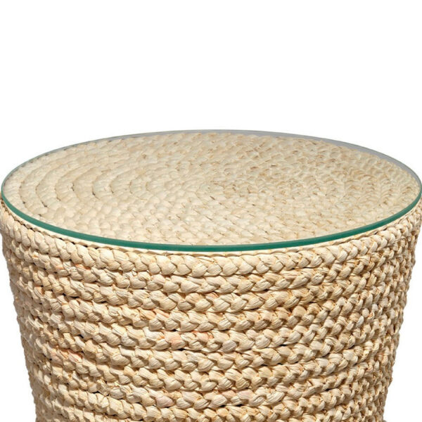 Grix Side Table, 20 Inch Tempered Glass Round Top, Braided Hourglass