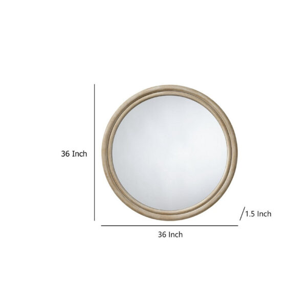 Riri Round Wall Mirror, 36 Inch Brown Wood Frame, Non Beveled Frame