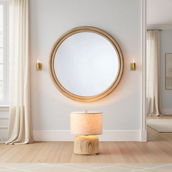 Riri Round Wall Mirror, 36 Inch Brown Wood Frame, Non Beveled Frame