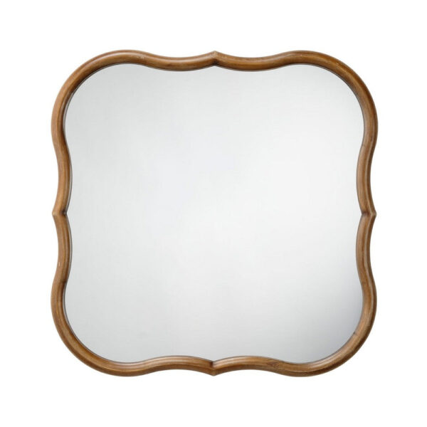 Deri Scalloped Wall Mirror, 31 Inch Brown Frame, Non Beveled Edge