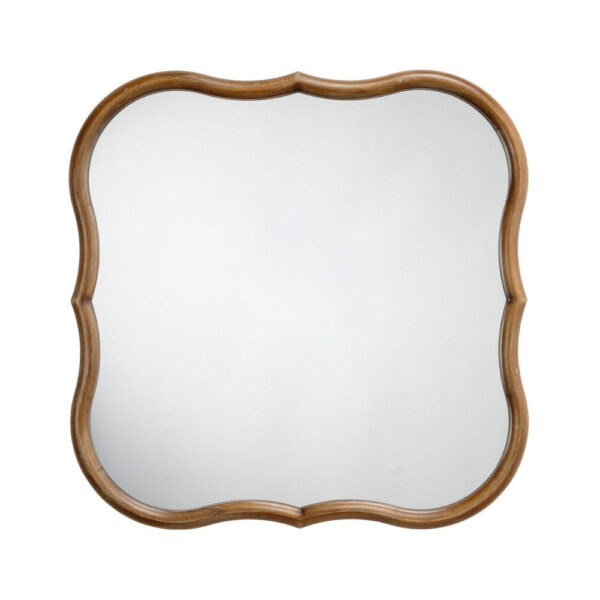 Deri Scalloped Wall Mirror, 31 Inch Brown Frame, Non Beveled Edge