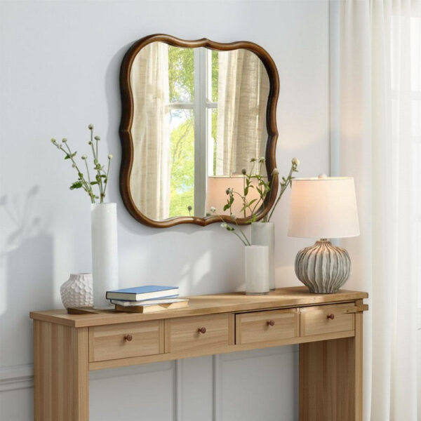 Deri Scalloped Wall Mirror, 31 Inch Brown Frame, Non Beveled Edge