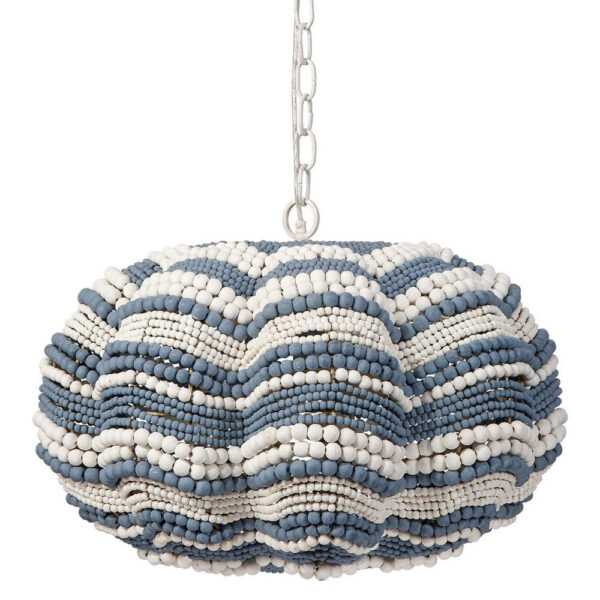 Fero Chandelier, Blue White Handcarved Mango Wood Beads, 27 Inch