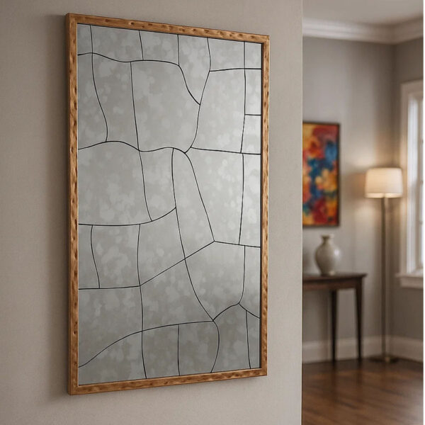 Heri Wall Decor Mirror, Mosaic Pattern, 35 Inch Hammered Brass Metal