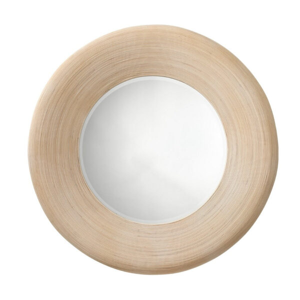 Defy Wall Mirror, 39 Inch Round Frame, Boho Style Ivory Natural Bamboo