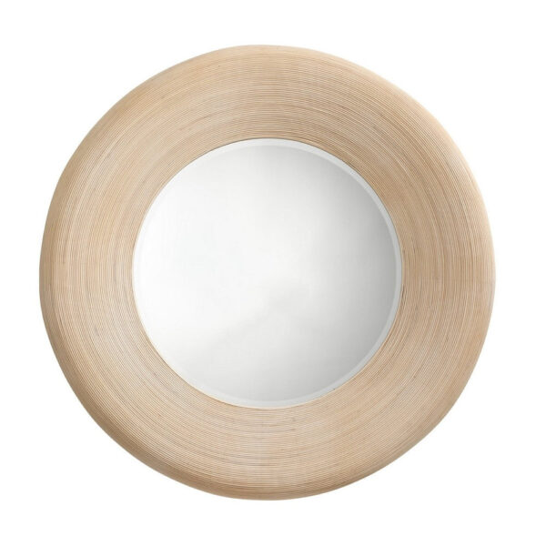 Defy Wall Mirror, 39 Inch Round Frame, Boho Style Ivory Natural Bamboo