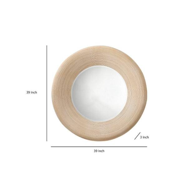 Defy Wall Mirror, 39 Inch Round Frame, Boho Style Ivory Natural Bamboo