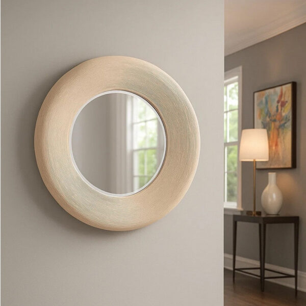Defy Wall Mirror, 39 Inch Round Frame, Boho Style Ivory Natural Bamboo