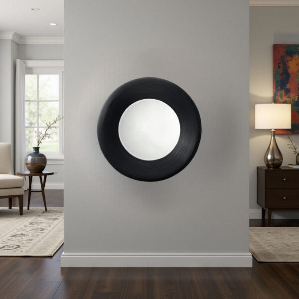 Defy Wall Mirror, 39 Inch Round Frame, Boho Style Black Natural Bamboo