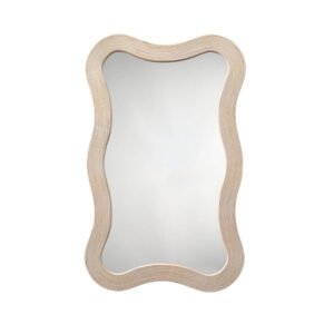 Lery Wall Mirror, 38 Inch Wavy Frame, Boho Style Ivory Natural Bamboo