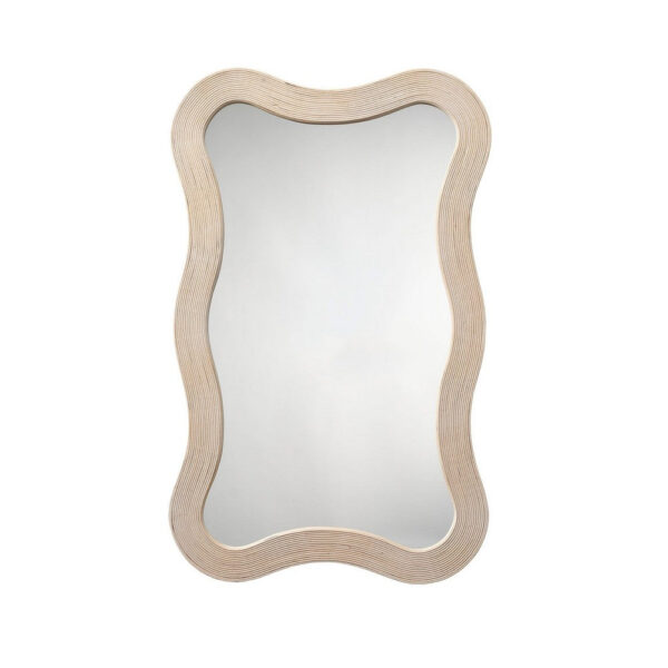 Lery Wall Mirror, 38 Inch Wavy Frame, Boho Style Ivory Natural Bamboo