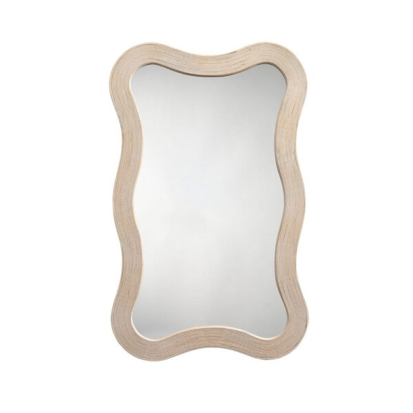 Lery Wall Mirror, 38 Inch Wavy Frame, Boho Style Ivory Natural Bamboo