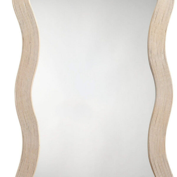 Lery Wall Mirror, 38 Inch Wavy Frame, Boho Style Ivory Natural Bamboo