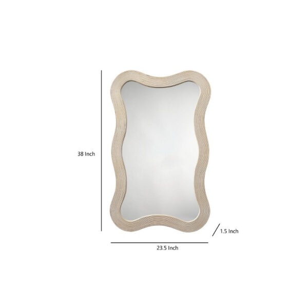 Lery Wall Mirror, 38 Inch Wavy Frame, Boho Style Ivory Natural Bamboo