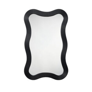 Lery Wall Mirror, 38 Inch Wavy Frame, Boho Style Black Natural Bamboo