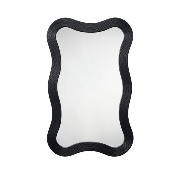 Lery Wall Mirror, 38 Inch Wavy Frame, Boho Style Black Natural Bamboo