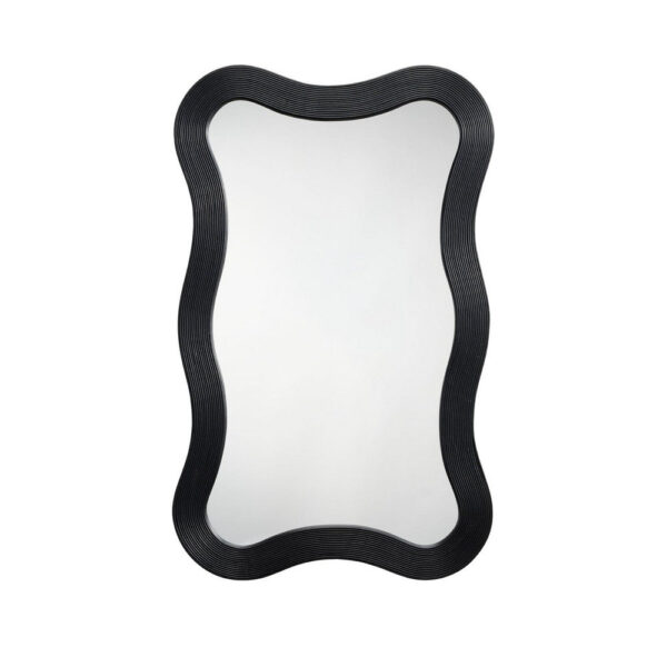 Lery Wall Mirror, 38 Inch Wavy Frame, Boho Style Black Natural Bamboo