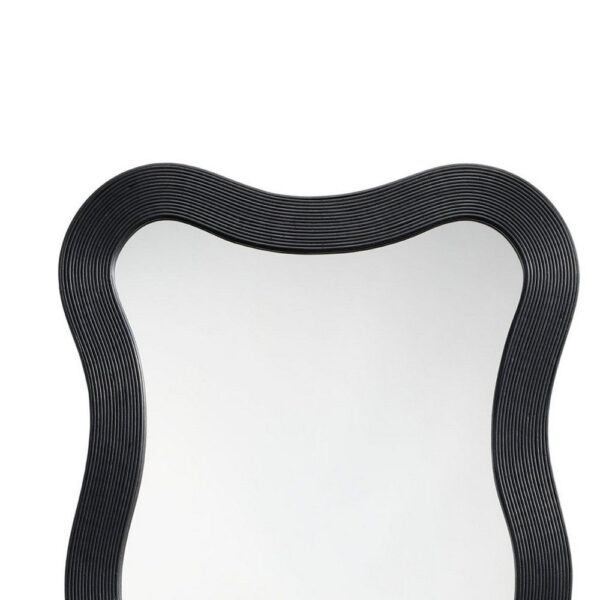 Lery Wall Mirror, 38 Inch Wavy Frame, Boho Style Black Natural Bamboo