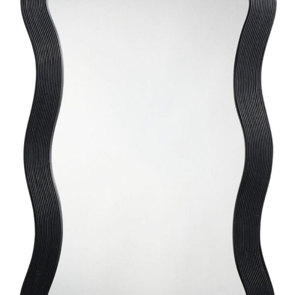 Lery Wall Mirror, 38 Inch Wavy Frame, Boho Style Black Natural Bamboo