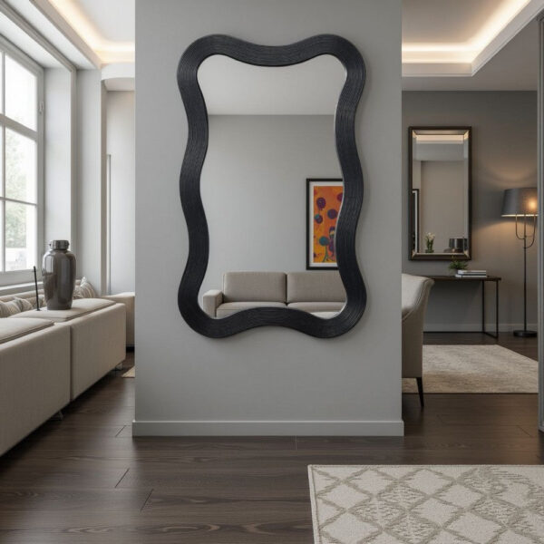 Lery Wall Mirror, 38 Inch Wavy Frame, Boho Style Black Natural Bamboo