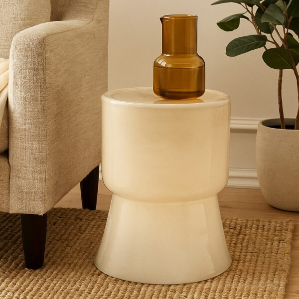 Hery Garden Stool Side Table, Hourglass, Glossy Ivory Soda Lime Glass