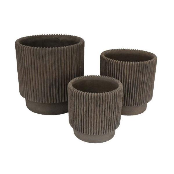 Zeri 3pc Planter Set, Ribbed Grooved Brown Terracotta, 8,10,12 Inch
