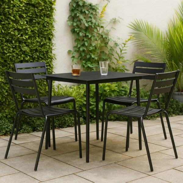 Outdoor Dining Table, 32 Inch Square Glass Top, Black Metal Legs