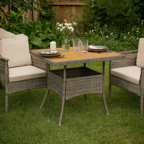 Biwo Outdoor Dining Table, Gray Wicker Rattan, 32 Inch Brown Wood Top
