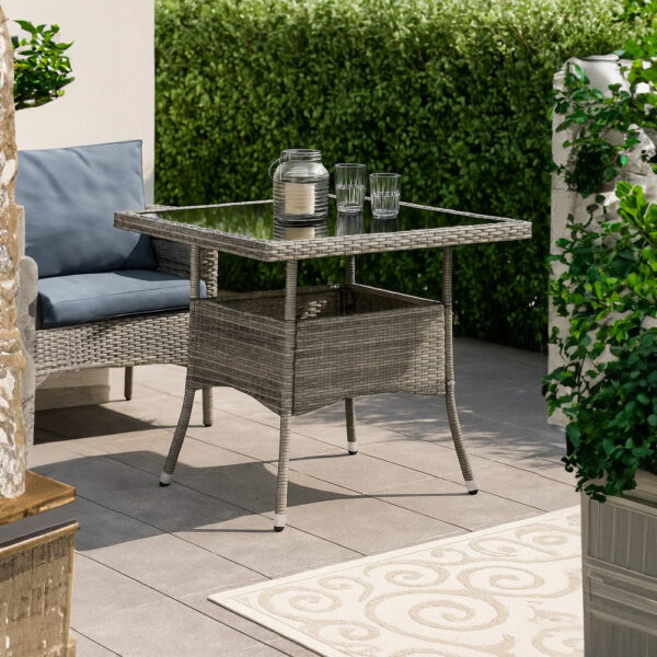 Biwo Outdoor Dining Table, Gray Wicker Rattan, 32 Inch Black Tempered Glass