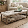 Button Tufted Fabric Upholstered Bench with Bottom Shelf, Beige and Brown