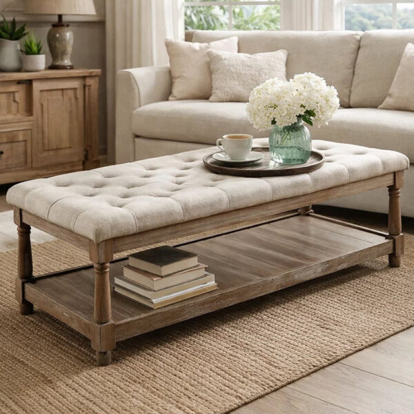 Button Tufted Fabric Upholstered Bench with Bottom Shelf, Beige and Brown