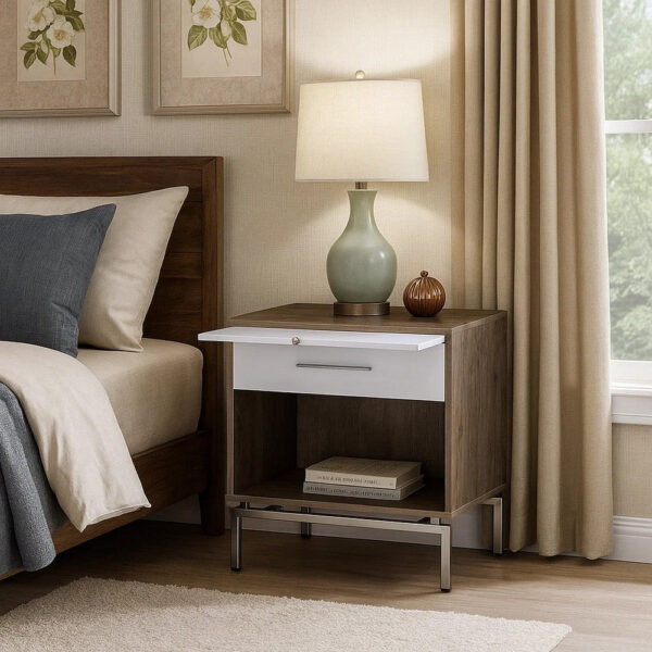 Wooden Accent Table with Open Storage and Pull Out Tray, Brown and White