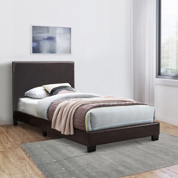 Transitional Style Leatherette Twin Bed with Padded Headboard, Dark Brown