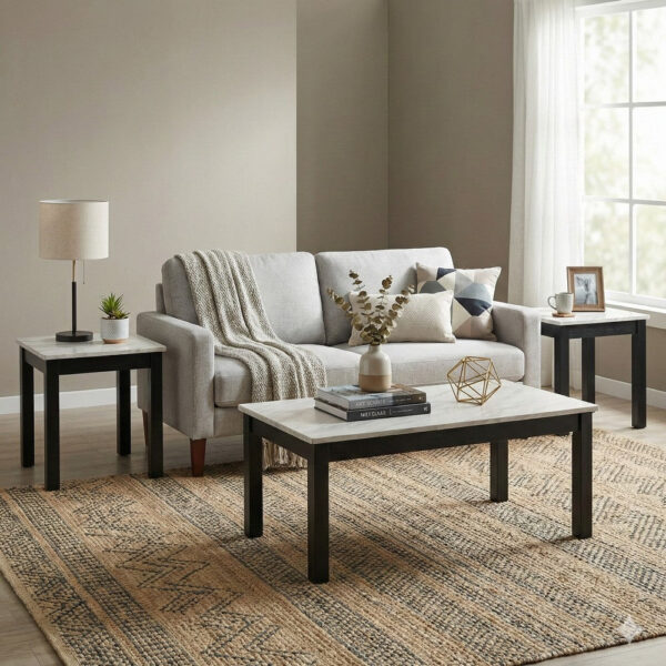 3 Piece Coffee Table and End Table with Faux Marble Top, Black and White