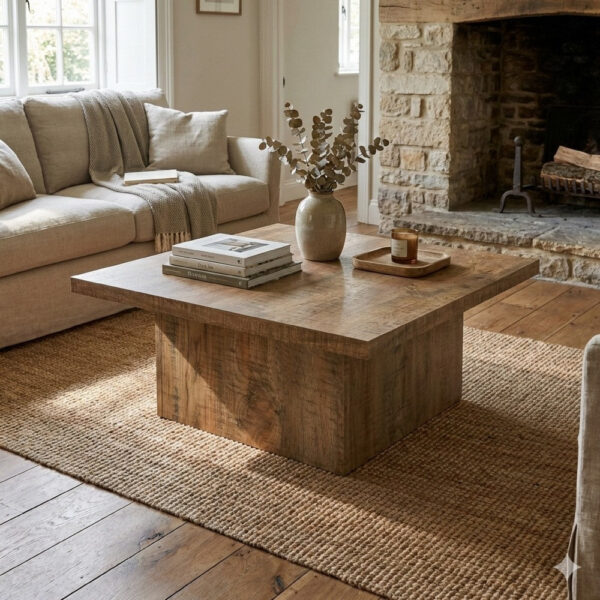 Zet 36 Inch Square Coffee Table with Oversized Block Base, Mango Brown