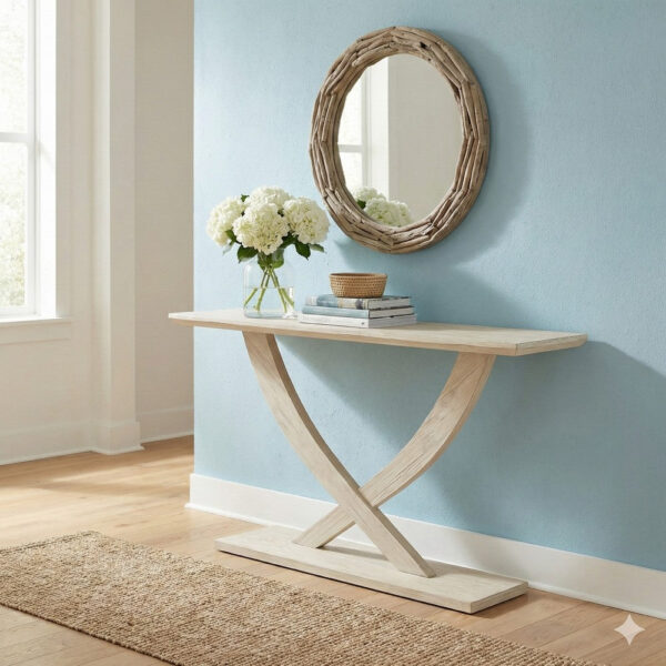 Rase 57 Inch Console Table, Cross Leg Design, Pedestal Base, Whitewash Wood