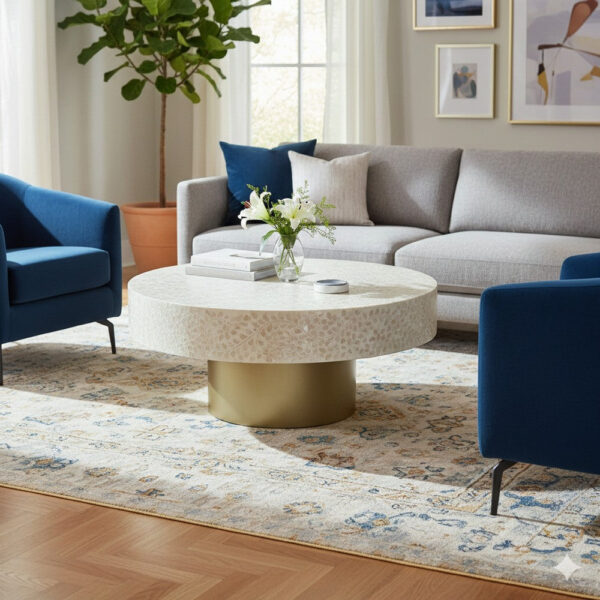 Piki 35 Inch Coffee Table, Mughal Capiz Inlaid Pattern, Cream, Gold