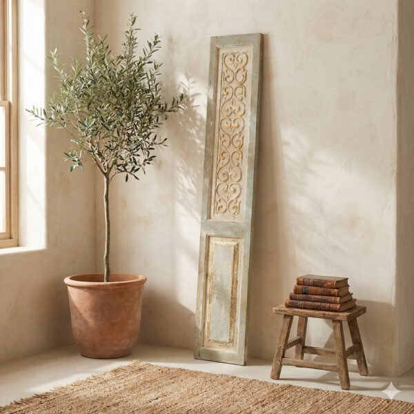 79 Inch Tall Decorative Carved Wood Panel Wall Art, Fir Wood, Beige, Gray