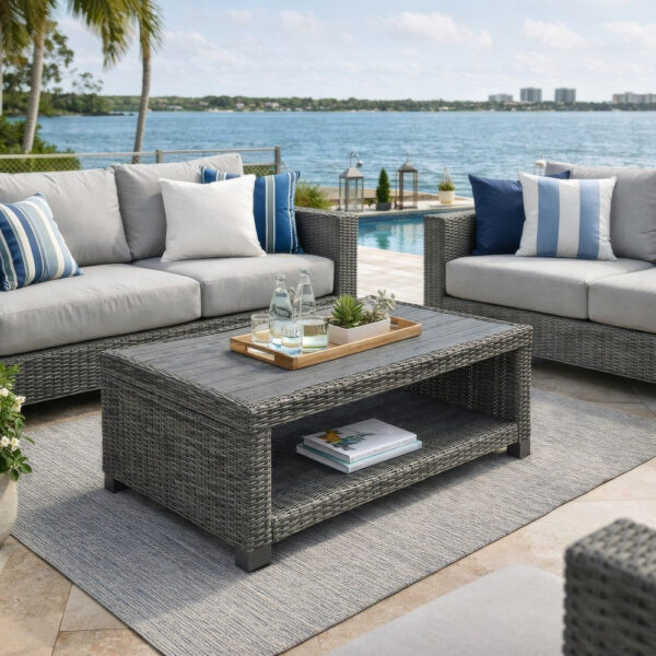 Ellie 50 Inch Outdoor Coffee Table, Lower Shelf, Gray Resin Wicker, Metal