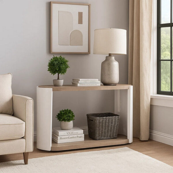 Romani Sofa Console Table, White High Gloss Wood, Brown, Oval 47 Inch