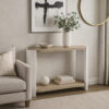 Romani Sofa Console Table, White High Gloss Wood, Brown, Oval 47 Inch