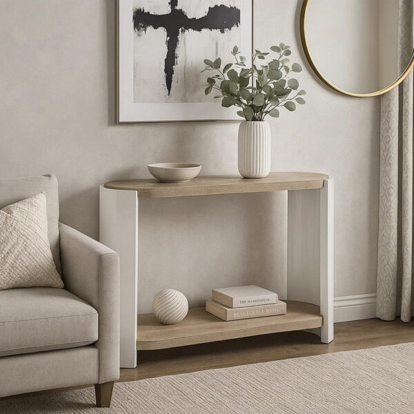 Romani Sofa Console Table, White High Gloss Wood, Brown, Oval 47 Inch