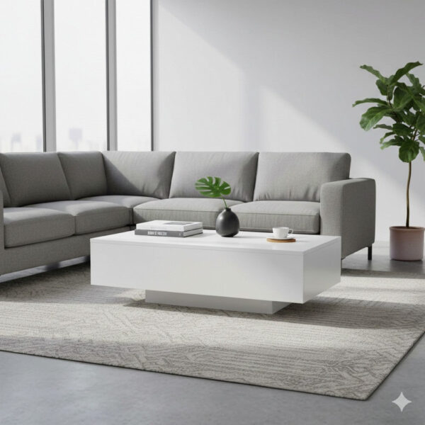 Coffee Table, High Gloss White, 33 Inch Rectangular Modern Platform