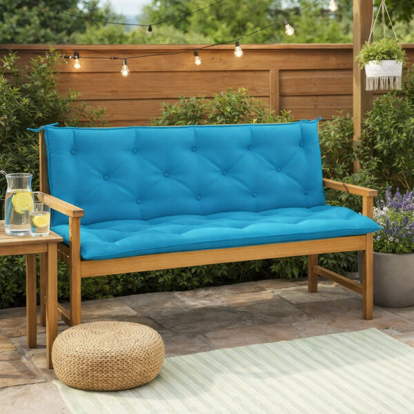 Claire Outdoor Cushion for Bench, 59 Inch Button Tufted Blue Fabric