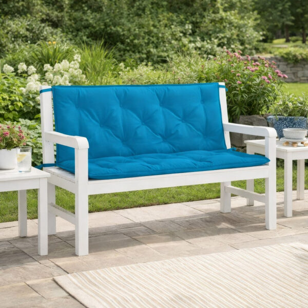 Claire Outdoor Cushion for Bench, 47 Inch Button Tufted Blue Fabric