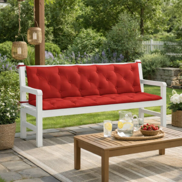 Claire Outdoor Cushion for Bench, Button Tufted Red Fabric, 71 Inch